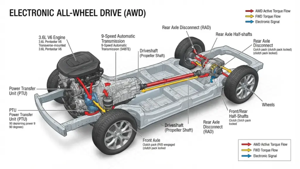 Chrysler Pacifica All-Wheel Drive powertrain torque distribution schematic