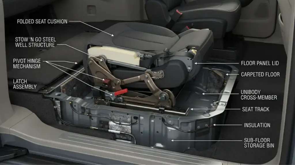 Chrysler Pacifica Stow n Go seat folding mechanism engineering render