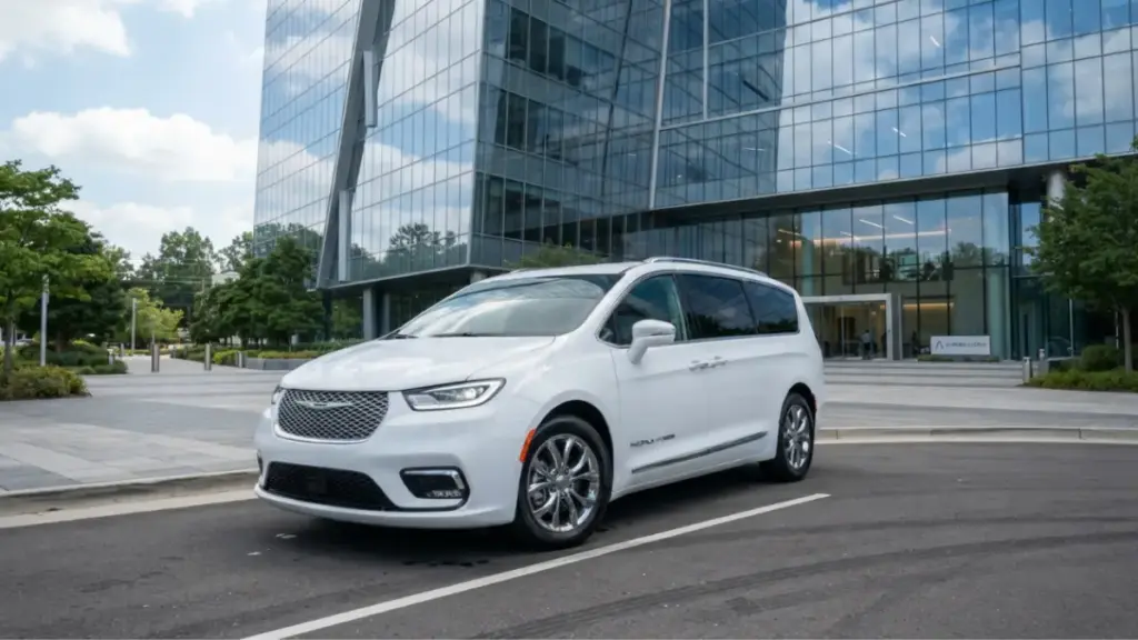 Chrysler Pacifica parked outside modern corporate headquarters
