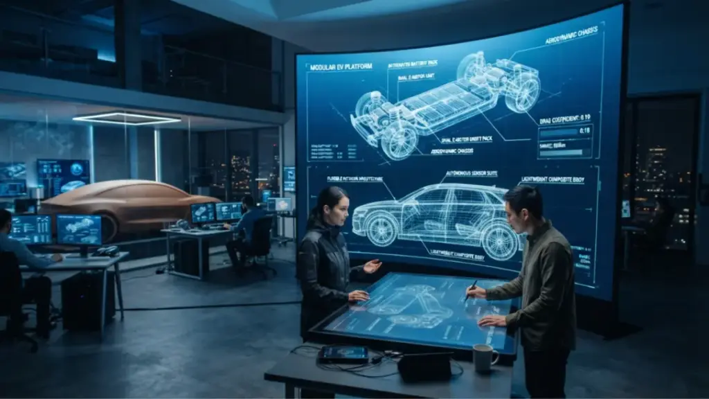 automotive design studio wireframe projections for future models]