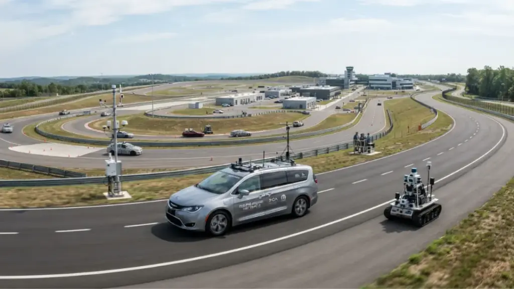 automotive proving ground test track with Chrysler Pacifica