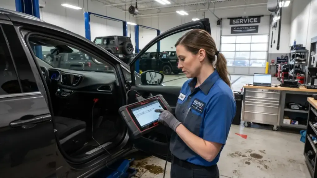 automotive technician scanning diagnostic codes on Chrysler Pacifica